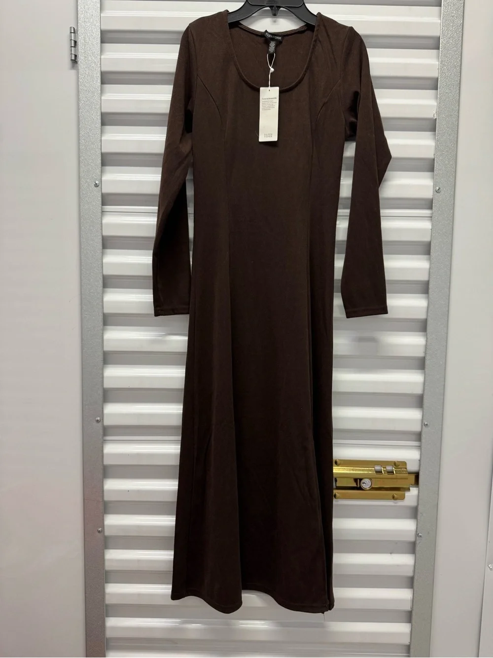 NWT Eileen Fisher Textured Stretch Rib Crew Neck Dress in Wren Chocolate Brown